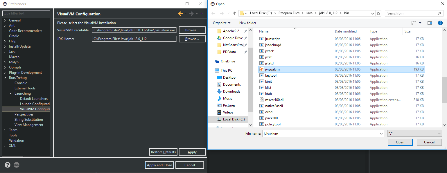 JDK and VisualVM location