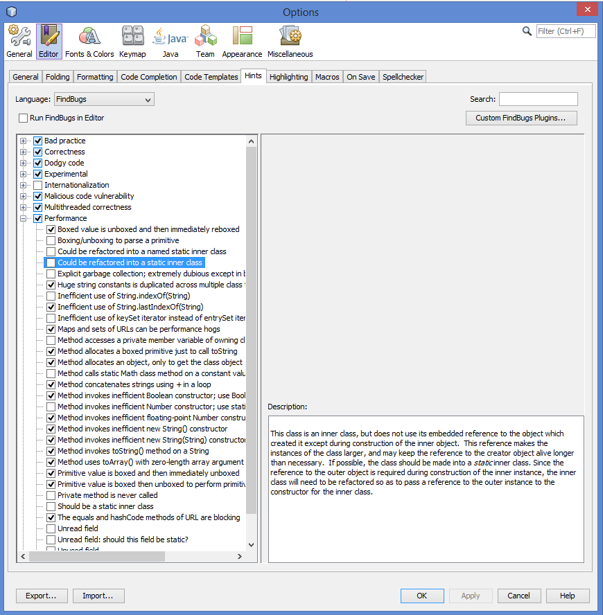 The location of the FindBugs options